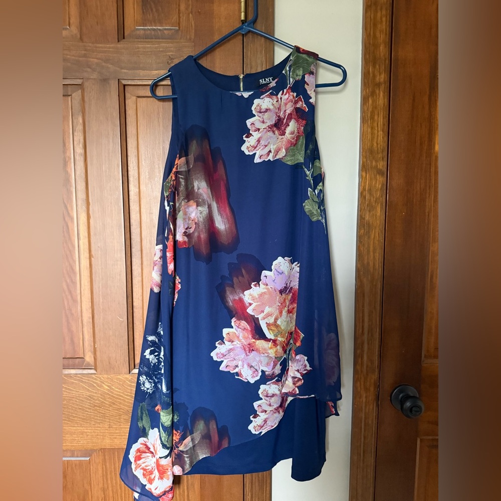 SLNY Navy Floral Midi Dress with Pink & Coral Blooms